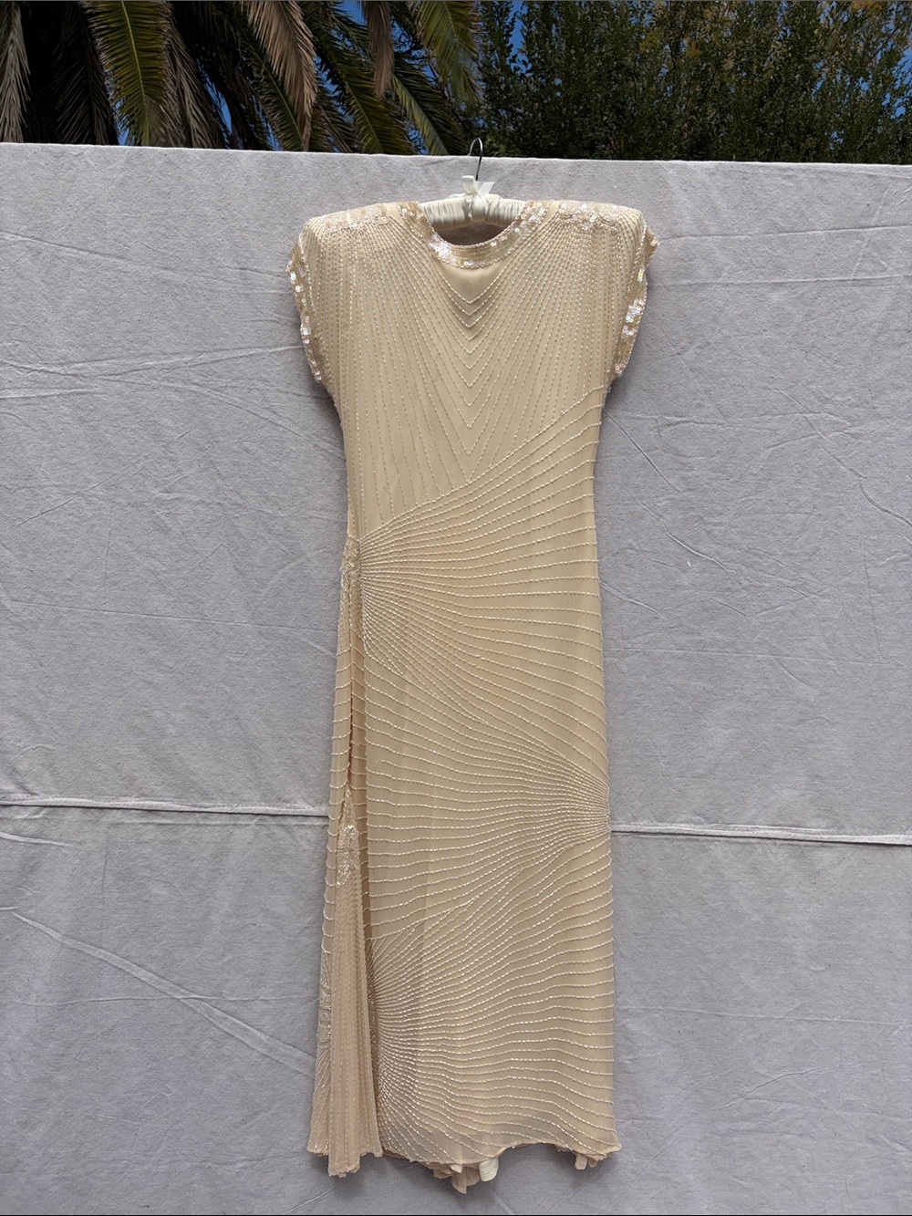 Elegant Cream Beaded Cap-Sleeve Evening Dress